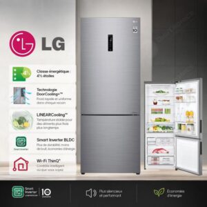 LG Réfrigérateur 455L Smart Inverter Congélateur Bas,Technologie DoorCooling+, Wi-Fi ThinQ, GR-B639NLCM